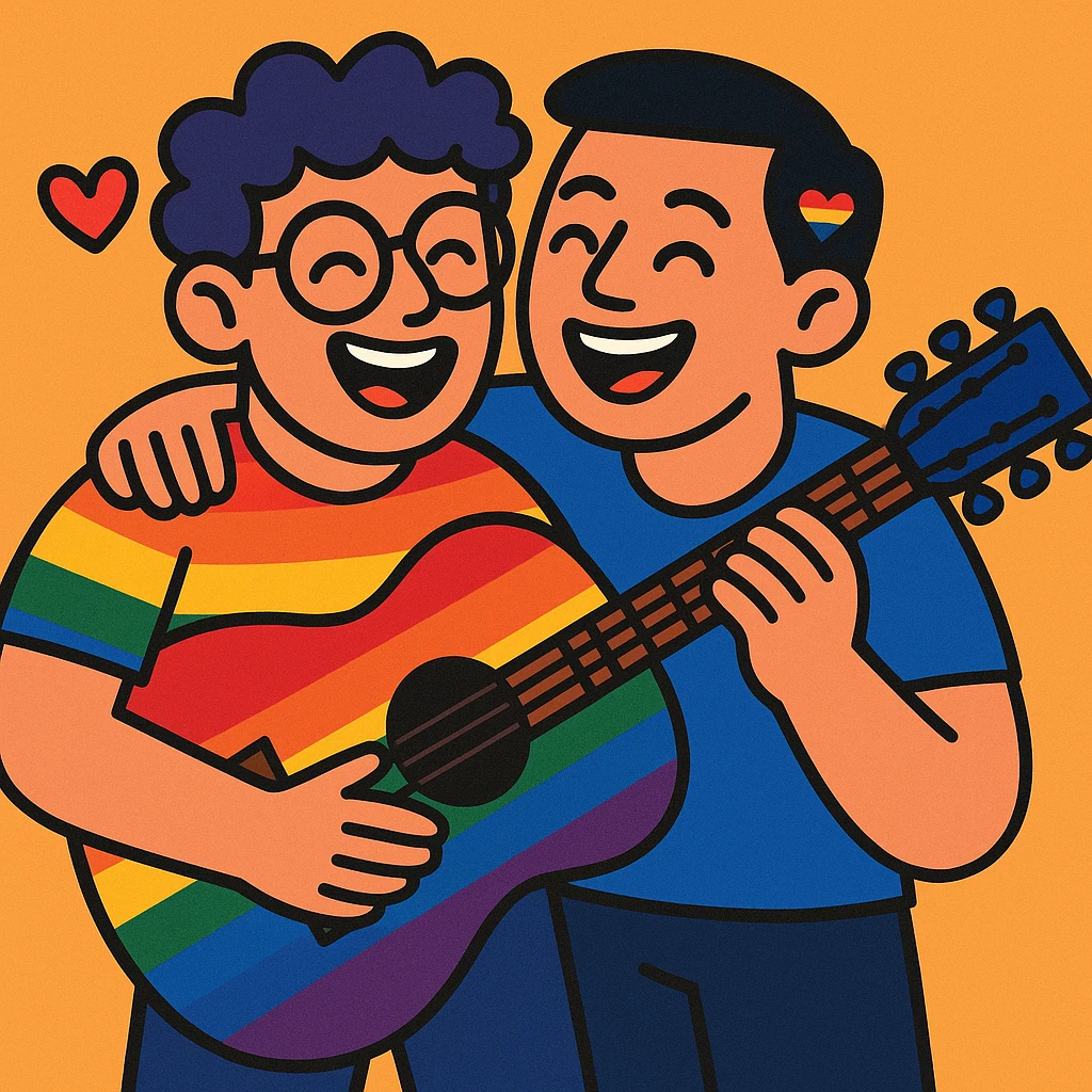 rainbow guitar being played by a joyful gay couple emoji