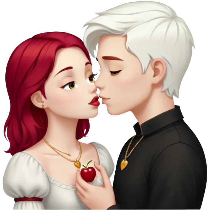 20 year old couple, boy with SHORT SNOW WHITE HAIR (completely WHITE), dark shirt, girl with long cherry red hair, light clothes, gold necklace, kissing emoji