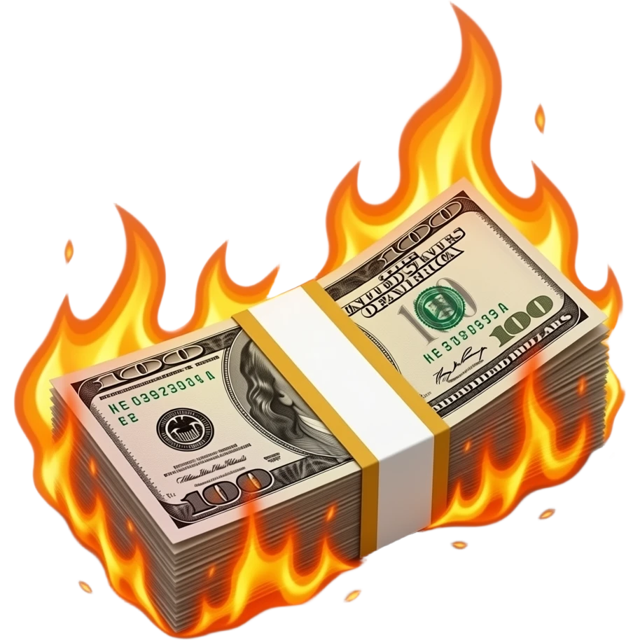 stack 50 dollar banknotes burning with flames glossy reflections. Intense orange and golden-yellow flames bright white-hot cores, soft glow, translucent edges, and dynamic curling motion. Cinematic high-contrast fire lighting, ember sparks, glossy reflections. Money stack, Transparent background emoji