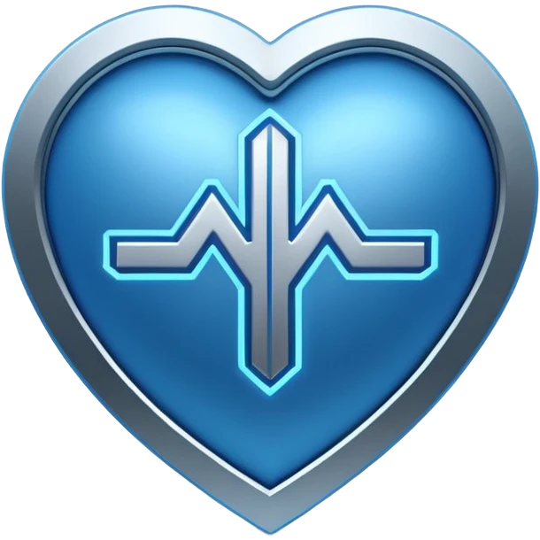 Futuristic premium medical AI logo emoji, sleek metallic heart or shield, ECG line forming stylized letters AI, neon blue and silver, 3D effect, glowing edges, minimal but bold, tech-savvy, high-tech healthcare branding, instantly recognizable, viral-ready, vector flat style with subtle shadows emoji