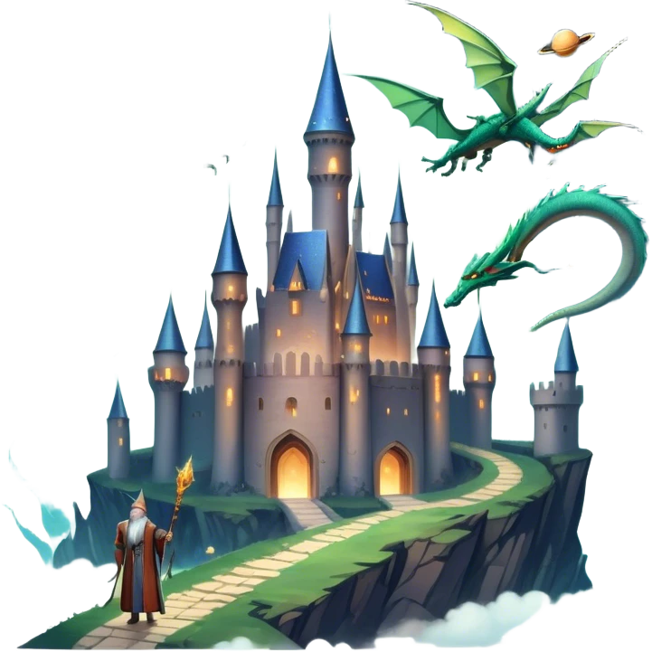 Icon for Fantasy and Sci-Fi Movies: A magical collage with flying dragons. futuristic spaceships. Stars and planets shimmer in the background with a mystical castle Hogvards and an ancient wizard holding a staff. The atmosphere is epic, otherworldly and adventurous. Transparent background. emoji