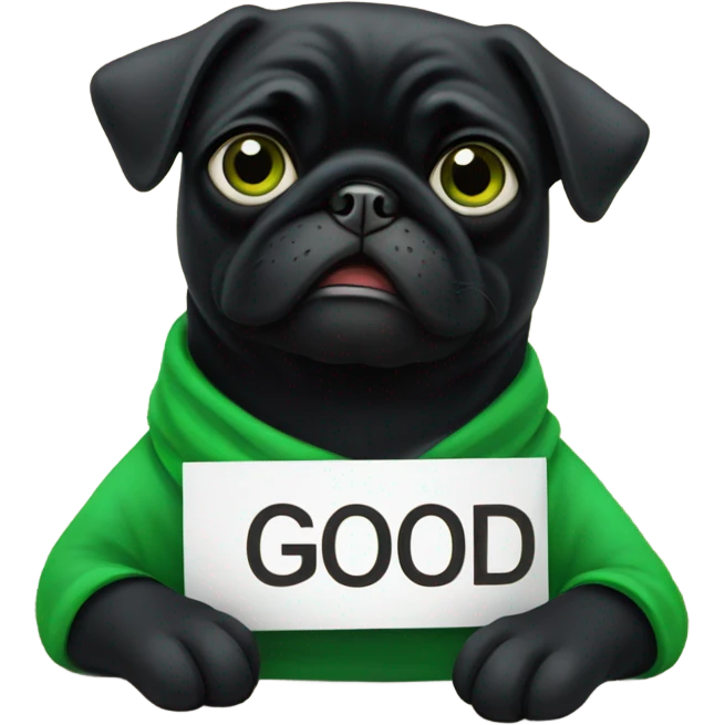 Black pug holding a green sign that says good luck  emoji