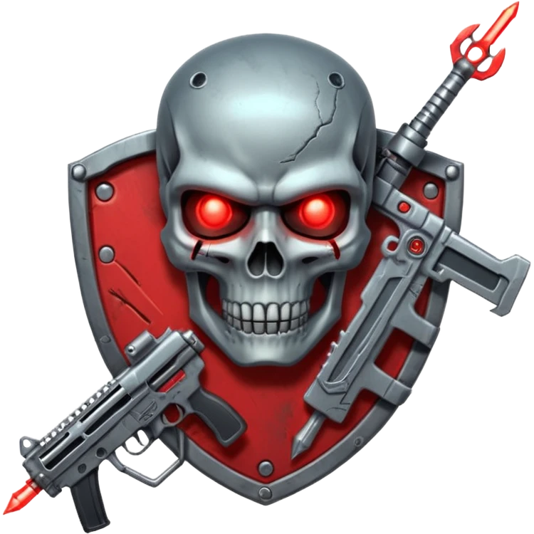 Sci-fi shield badge, terminator style skull, glowing red eyes, crossed futuristic assault rifle and energy sword, no background emoji