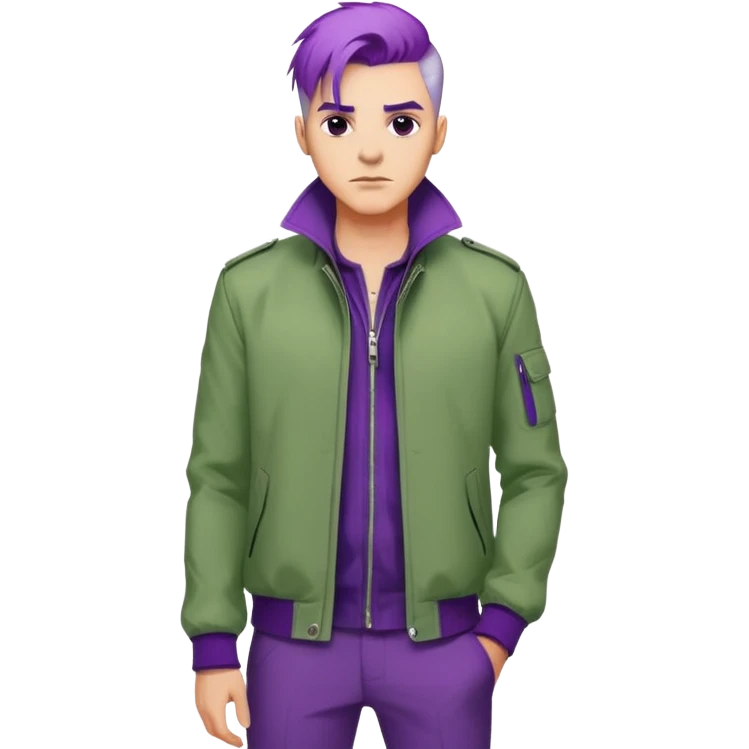 Confident man with purple hair and stylish green jacket, powerful stance like Thanos, modern fashion emoji
