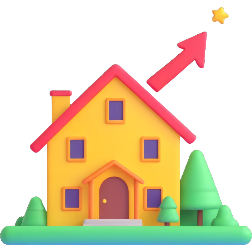 house with an upward trending graph, 3D emoji style emoji
