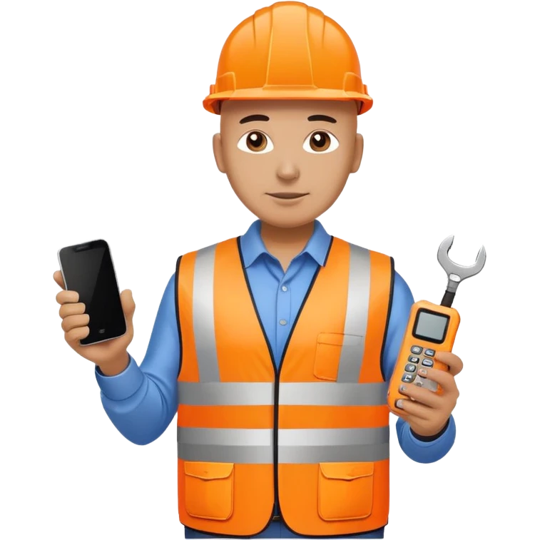 Bald Telecoms engineer in orange hi vis with white hard hat, phone and toolkit emoji