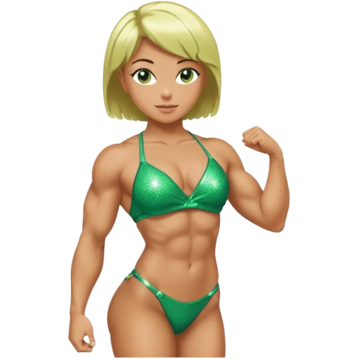 Bodybuilder woman with sparkly green bikini and short blonde hair in a bodybuilding side pose emoji