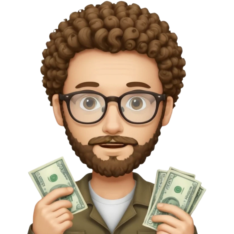 curly skinny guy with bear with glasses, with some money in the hands emoji