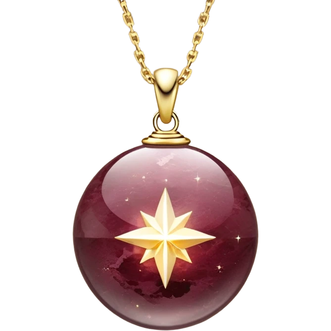 A polished round ball wine granite pendant suspended from a delicate gold chain, like a drop of enchanted starlight, glowing with the warmth of passion and the quiet power of transformation ethereal floating magical moving around... rebirth  emoji