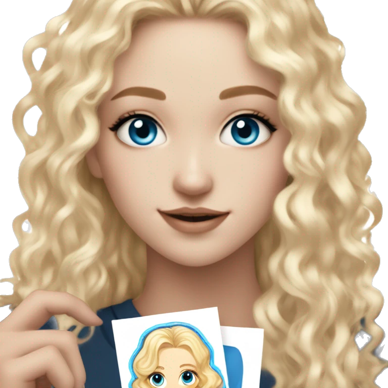 White girl with blue eyes and curly blonde hair holding a kpop photo card of newjeans emoji