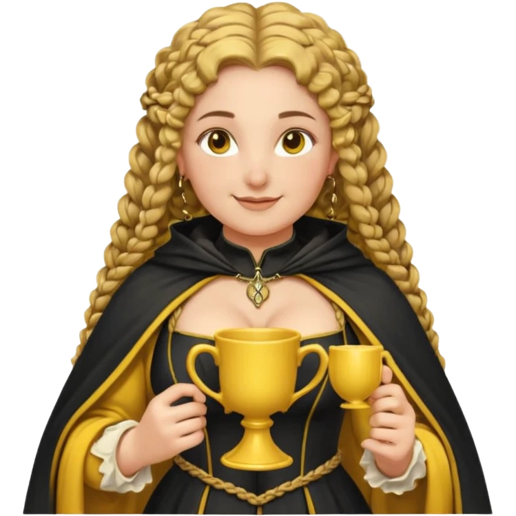 Helga Hufflepuff, 2 curly thick brown braids, yellow-black medieval dress, black cloak decorated with gold braiding, tiny two-handled shiny yellow-gold cup, very kind smile, curvy busty sweet woman, thick rosy cheeks emoji
