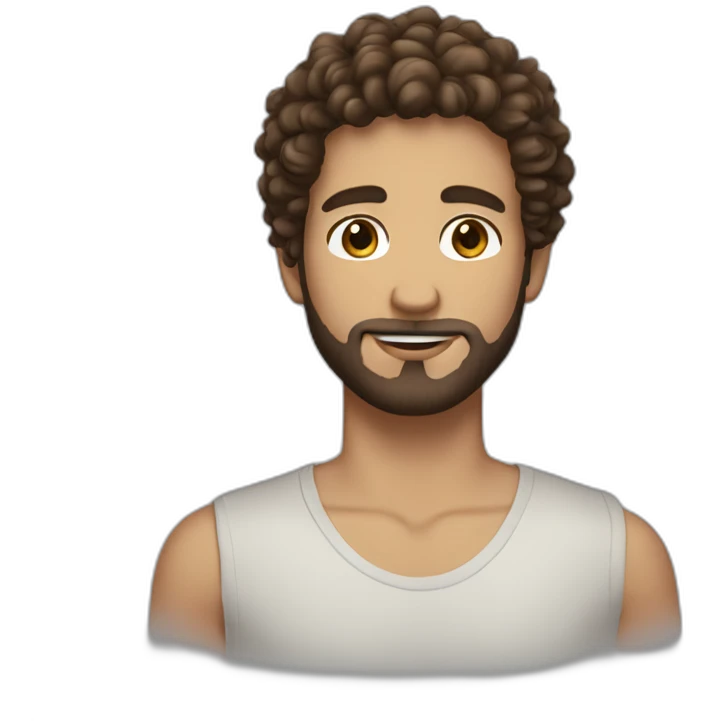 White boy, brown eyes, curly and brown hair on the top and short on the sides, and beard emoji