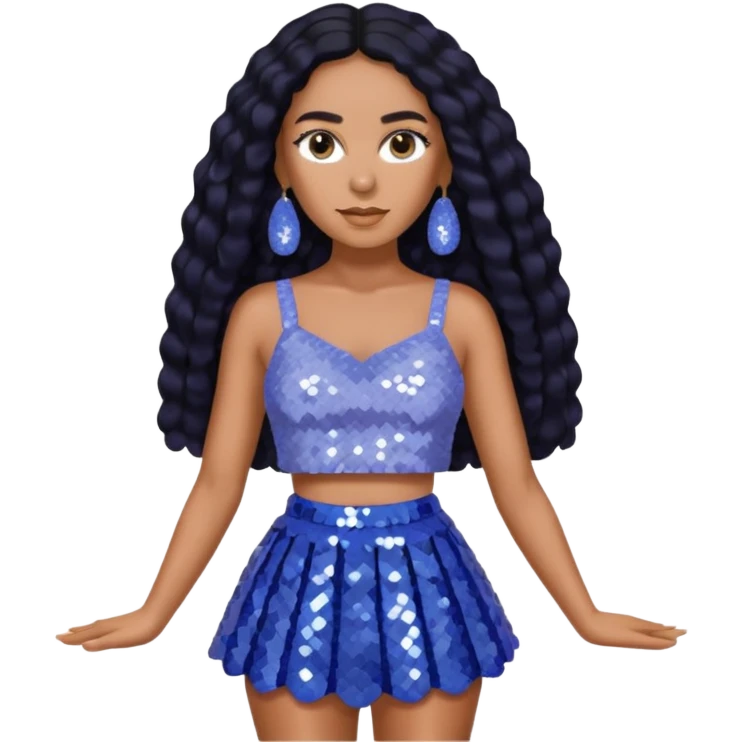 Solange with long black hair, periwinkle sequin crop top, periwinkle sequin skirt, periwinkle earring emoji