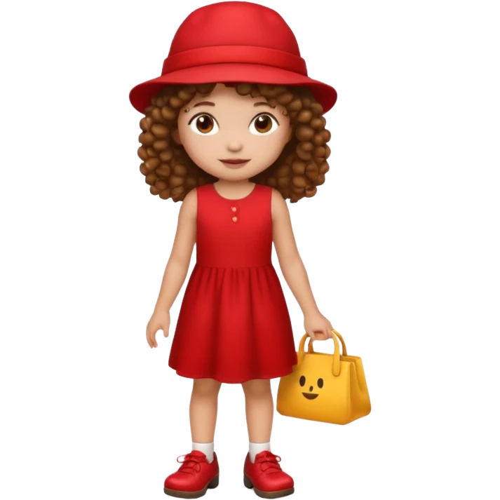 icon of a little girl with curly brown hair, light skin, red dress, red hat, brown shoes, emoji style emoji