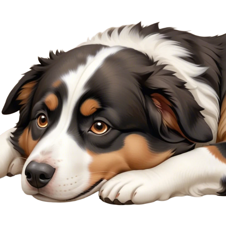 Cinematic Meme-Worthy Chubby Sleeping Tri-Color Australian Shepherd Portrait Emoji, Head resting peacefully with a contented smile, showcasing a delightfully chubby build and a luxuriously soft tri-color coat of bold black, crisp white, and warm tan, eyes shut in a serene nap, Simplified yet hilariously adorable features, highly detailed, glowing with a soft, drowsy light, high shine, relaxed and utterly lovable, stylized with an air of playful laziness, bright and heartwarming, soft glowing outline, capturing the essence of a comically sleepy Tri-Color Australian Shepherd, so meme-worthy it feels like it could instantly become the next viral sensation of adorable slumber! emoji