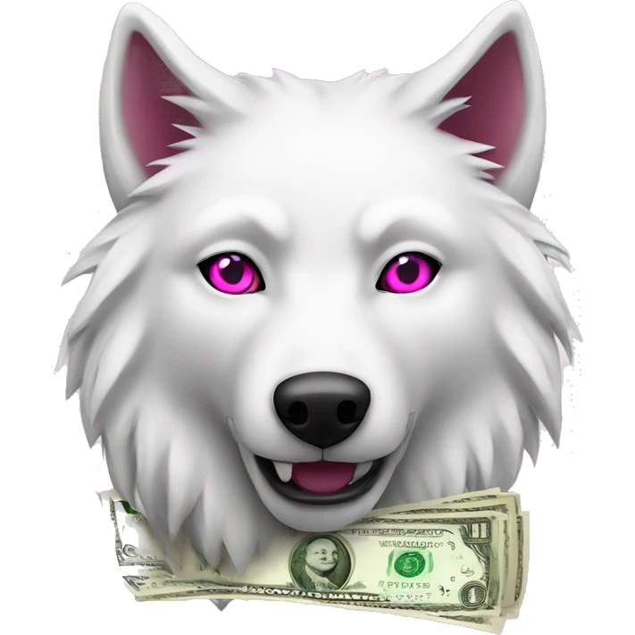 white wolf with dark pink eyes around money emoji