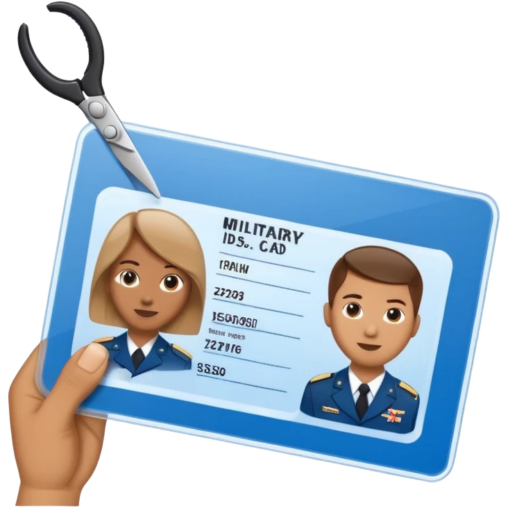 Scissors cutting military ID card in the middle front view emoji