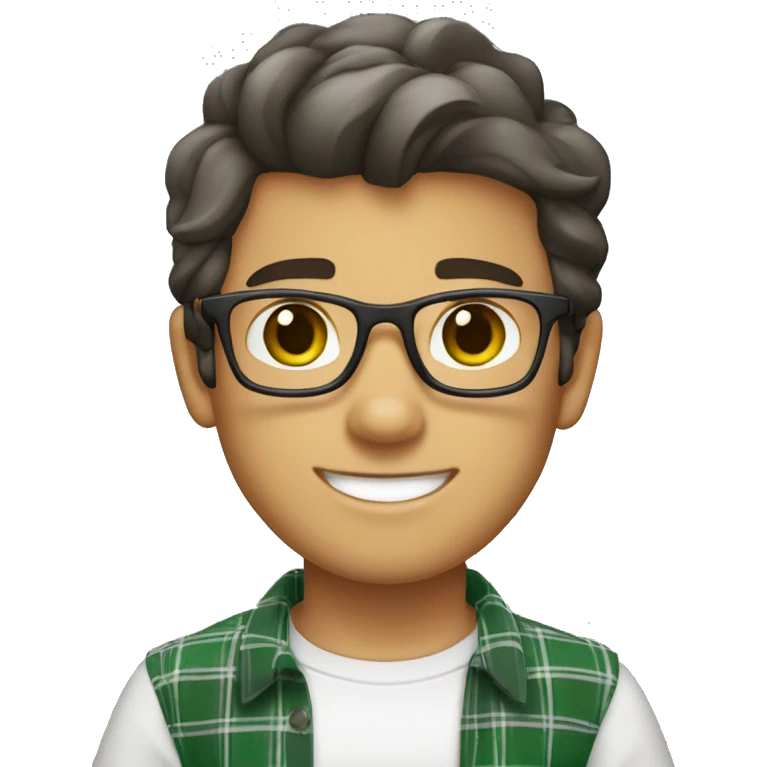Draw a boy wearing glasses, a white t-shirt, a black and gray plaid shirt, smiling, white skin color, green eyes, and a nice hairstyle called “curtains” (dark hair). emoji