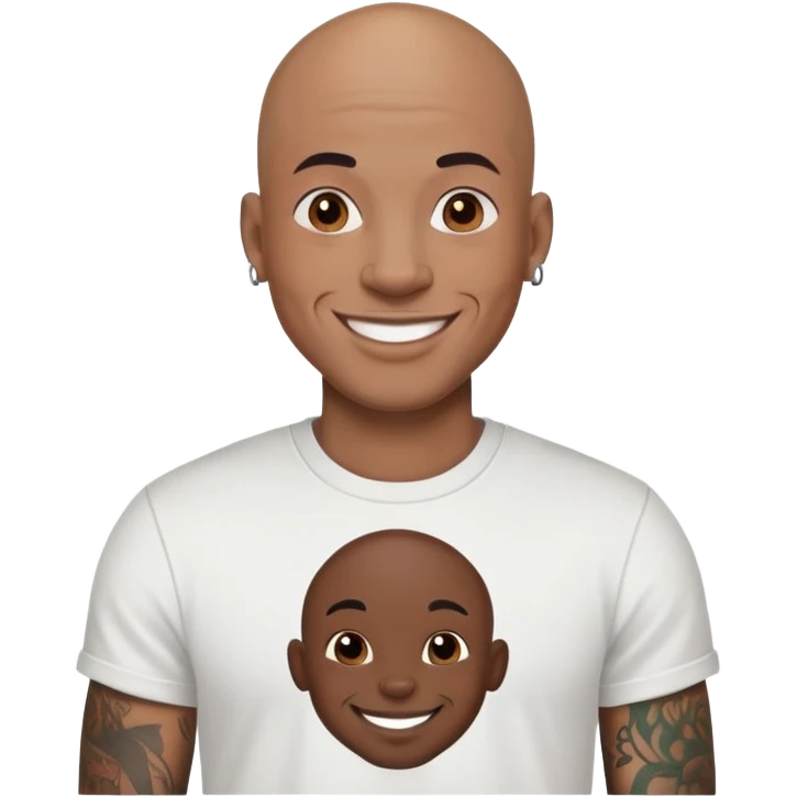 bald black man with full face tattoos, smiling, wearing a t-shirt emoji