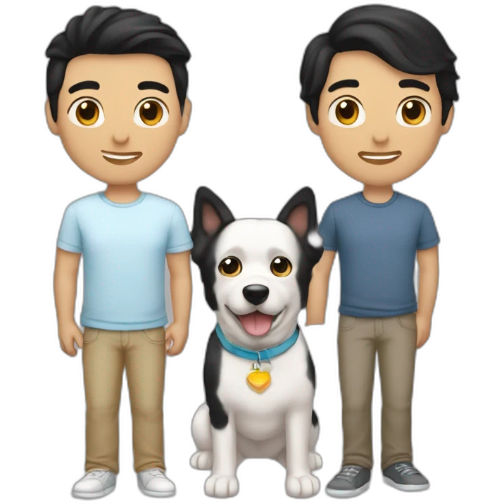 gay-couple,-1-guy-straight-black-hair-and-1-australian-white-guy-with-blackhair-slightly-curly-holding-a-dog emoji