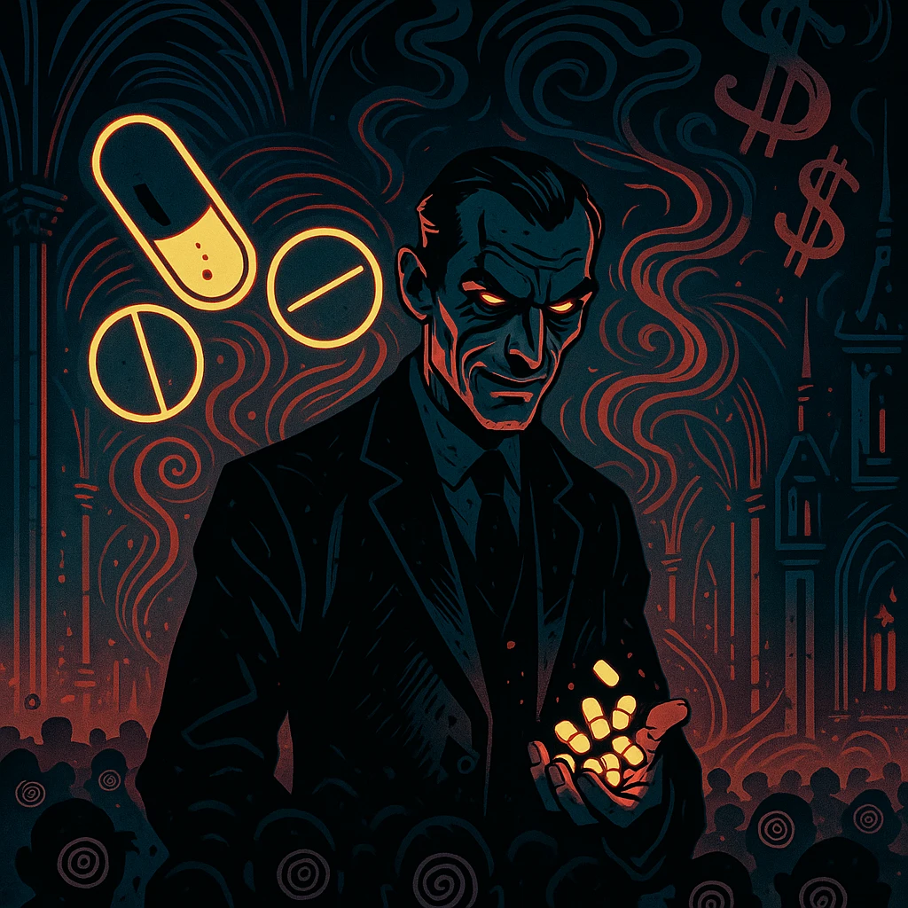 Sinister man in a tailored suit, glowing pills, hypnotic crowd, swirling pharmaceutical symbols, dollar signs in smoke, neon-lit gothic stage, cinematic cyber-noir lighting, hyper-detailed, Mike Mignola style. Variant 10, more focus on pharmaceutical symbols. emoji