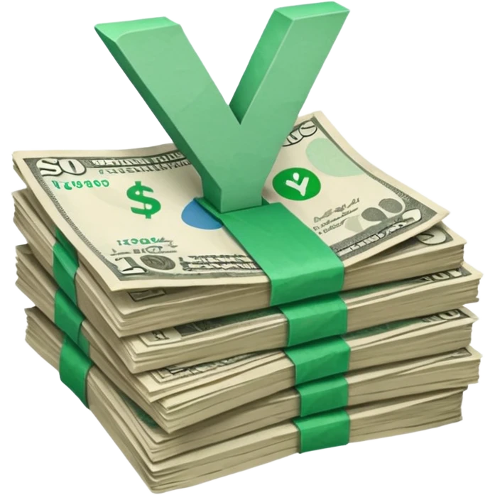 stack of bills facing up with green tick in the background emoji
