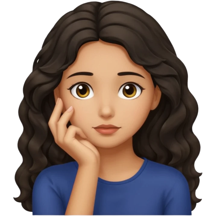dark wavy haired girl with olive skin resting her chin on her palm in thought emoji
