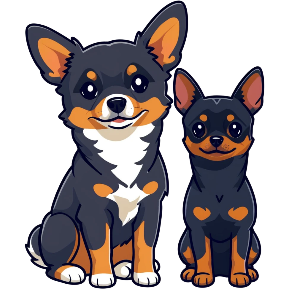 two dark-colored shepherd dogs and a dark-colored miniature pinscher Chihuahua together emoji