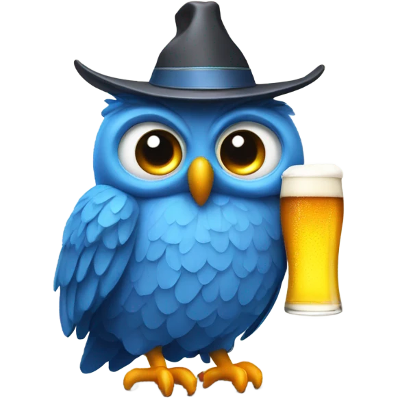 Blue owl wearing a hat that has straws you can put beer in and drink emoji