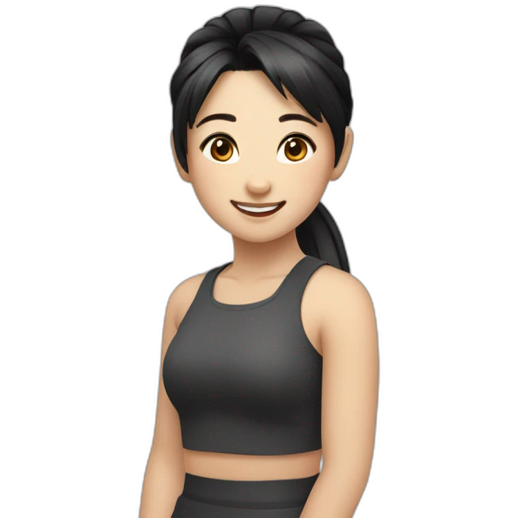 cute asian girl, black hair, pony tail, happy emoji