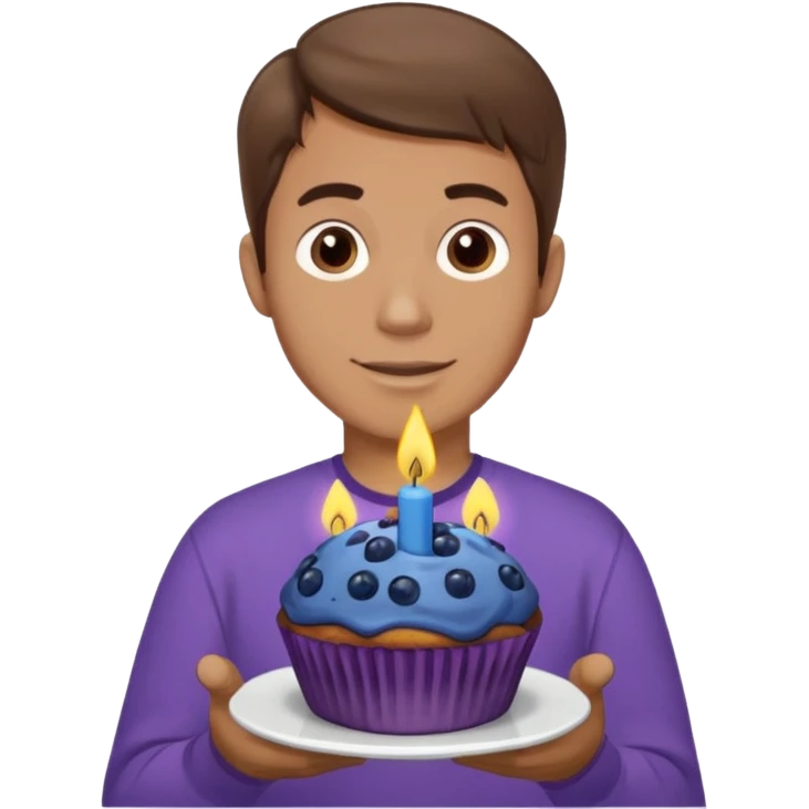Make a white man with brown hair wearing a shirt that says happy b day Virginia holding a blueberry muffin with a birthday candle in it. Have him holding multiple muffins and no candles in hand. Have him wearing a purple shirt  emoji