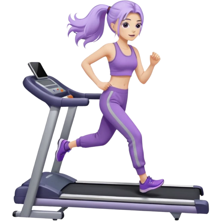 Девушка белокожая на беговой дорожке, с длинными светло-лиловыми волосами, в лиловом топе, в серых спортивных штанах, с черными ресницами emoji