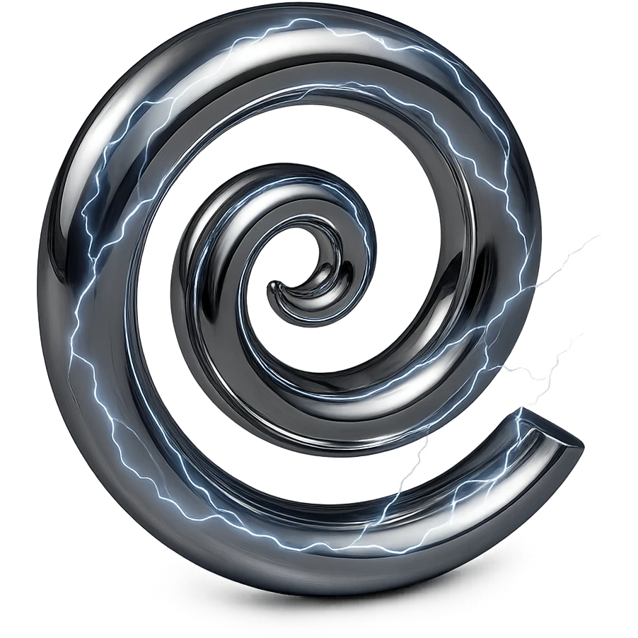 abstract chrome spiral with electric arcs and glowing effects, representing energy emoji
