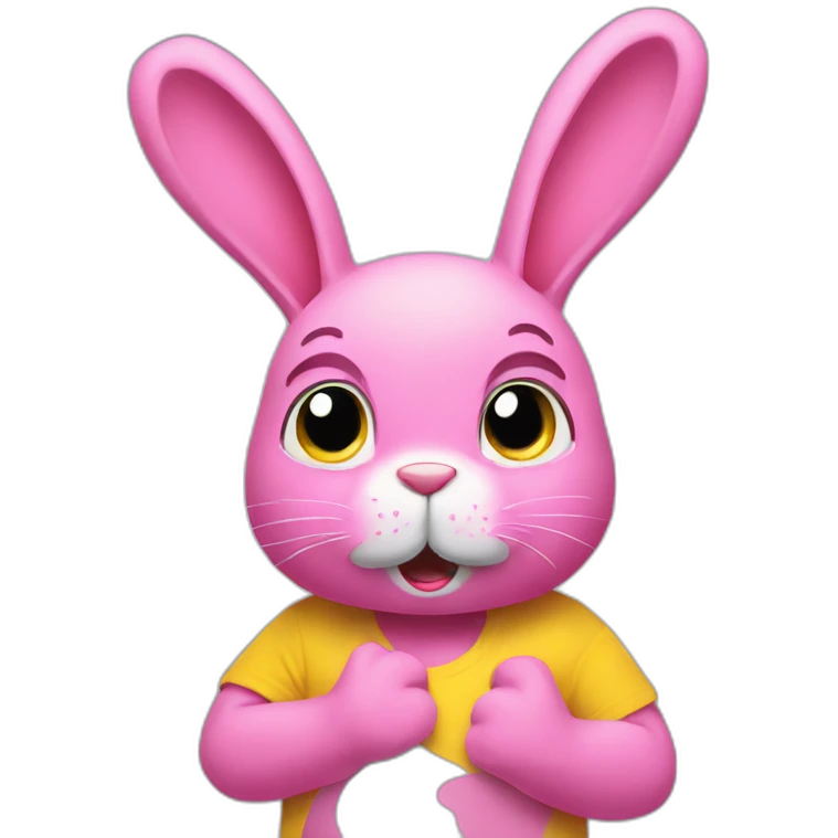 Pink rabbit in yellow teeshirt shrugging arms emoji