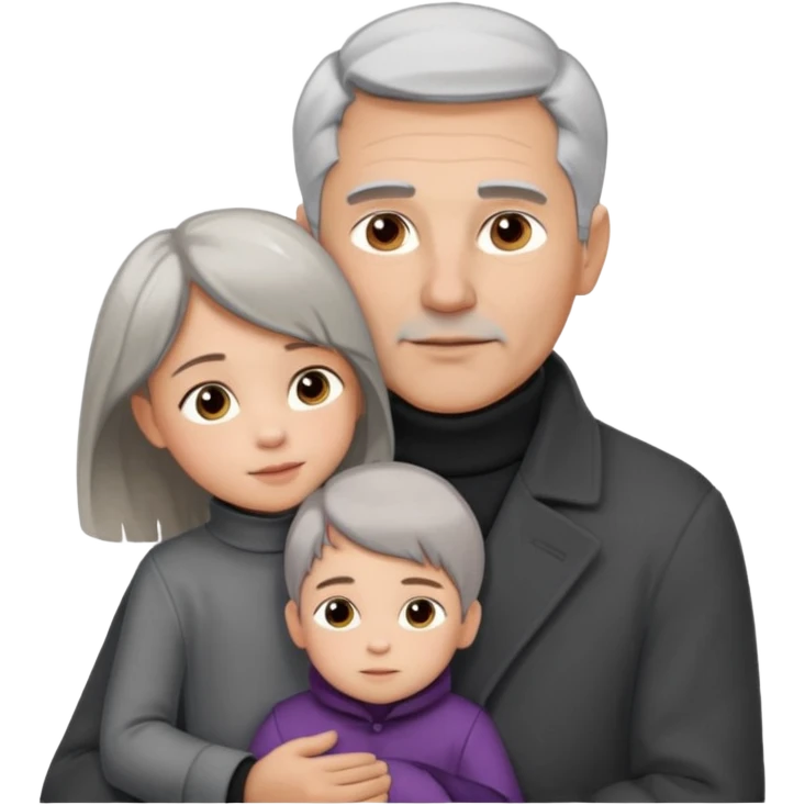 A father with silver-grey hair styled neatly and a clean-shaven face, wearing a dark turtleneck and wool coat, holding his girl child gently. The child has light brown hair and a soft white dress. Warm cinematic lighting, emotional close-up. emoji