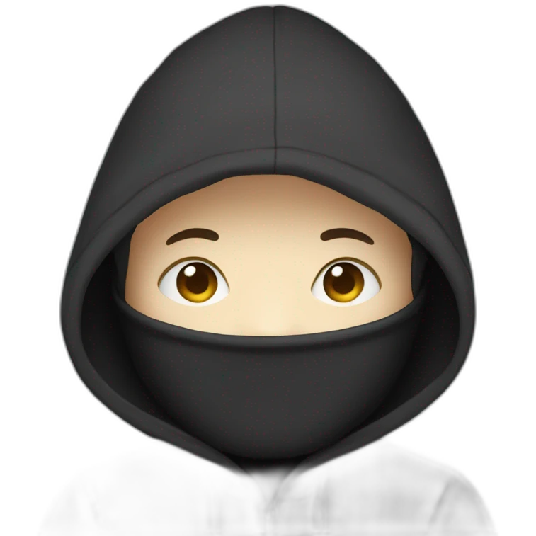 programmer with hoodie hood, no face and a laptop. Black hoodie and white face emoji