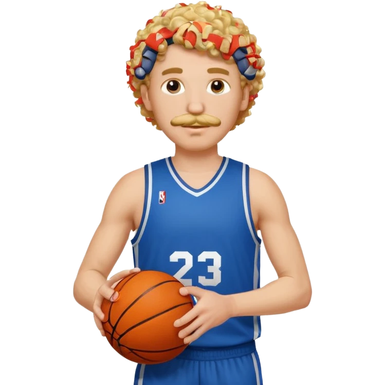 white blonde curly hair man basketball player blue jersey with mustache holding basket ball emoji