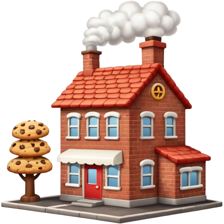 Small cartoon-style bakery factory with a red brick base, a single chimney puffing white smoke, cookie crates outside, emoji-style emoji
