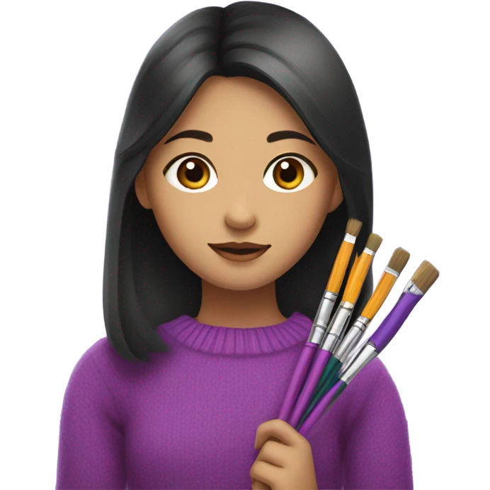 Half Asian girl in bright purple sweater holding paintbrushes and pencils emoji