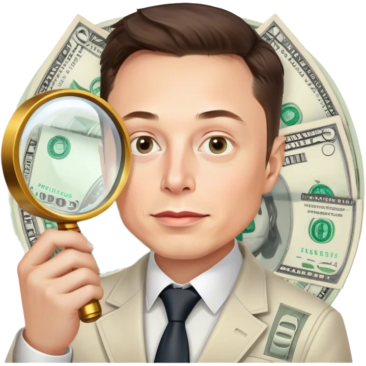 magnifier over elon musk and money spread over emoji