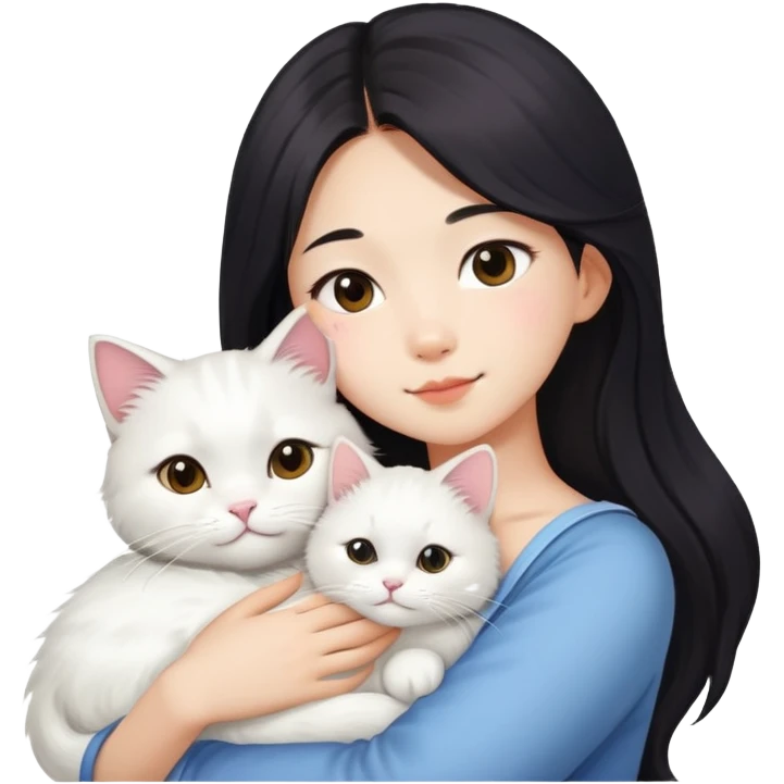 A asia girl with long dark hair and a white fluffy cat is lying on her left shoulder and neck emoji