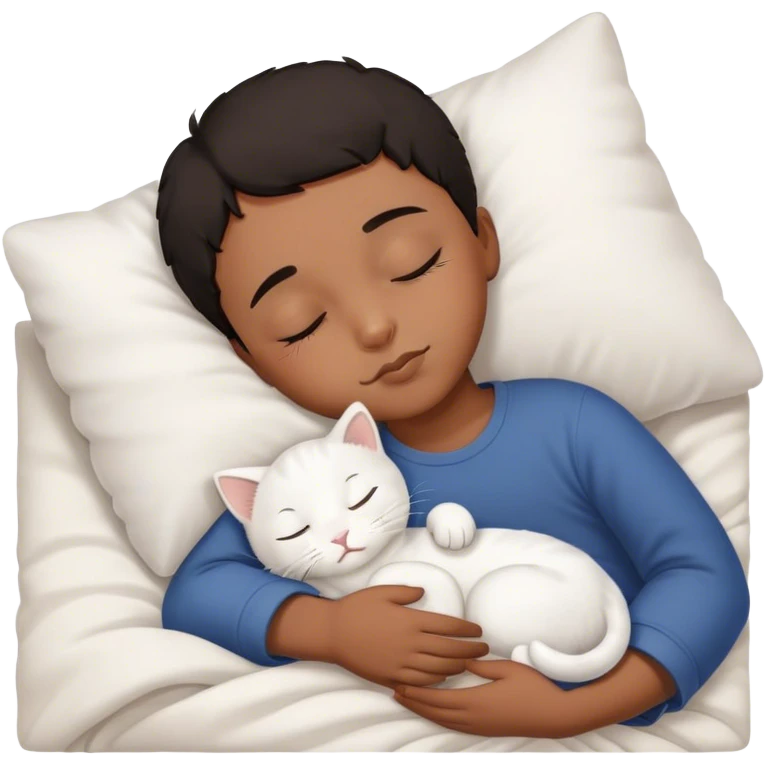 Little brown boy, black short hair sleeping with white kitty emoji