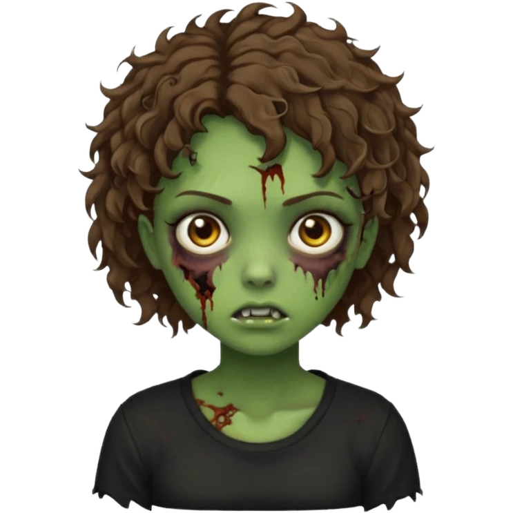 Zombie girl emoji verde com cabelo curto cacheado castanho com uma blusa preta emoji