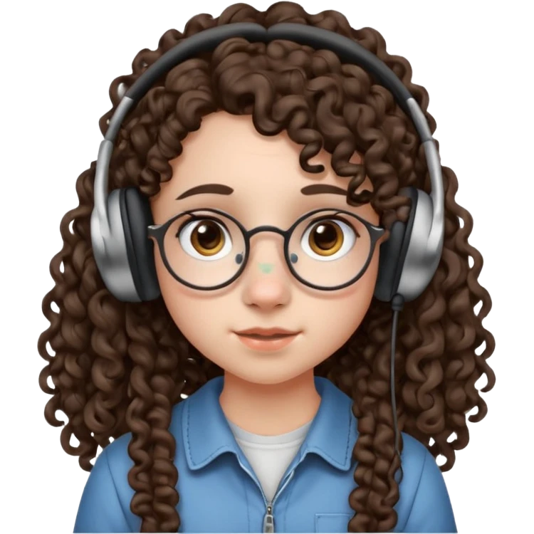 brunette kid with unique face features and very curly long hair kid girl neutral and very big nose and ears and dark eyes with freckles kind of nerd looking and headphone wearing no glassess just nose piercing very big one and evebrow piercing emoji