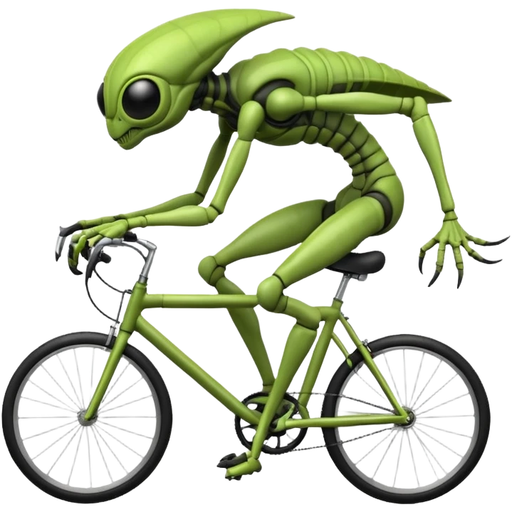 insectoid alien riding a bicycle, bug-like eyes, segmented limbs, strange but fun cycling pose, sci-fi creature vibe, 3D cartoon, mobile game icon style, clean background, no text, no watermark
 emoji
