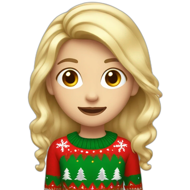 Blonde girl with hair by the shoulders in Christmas sweater with exited expression emoji