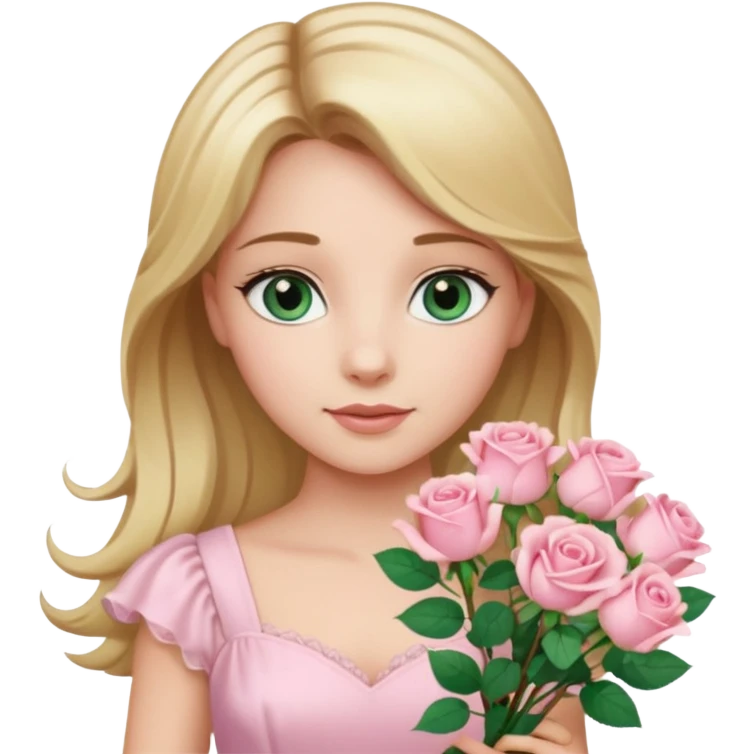 A beautiful princess with blue green eyes and light brown hair and blonde streaks wearing a light pink dress and holding a bouquet of light pink roses  emoji