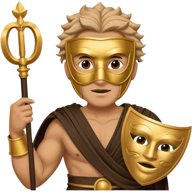 Greek thespian in full costume with a mask holding a prop emoji