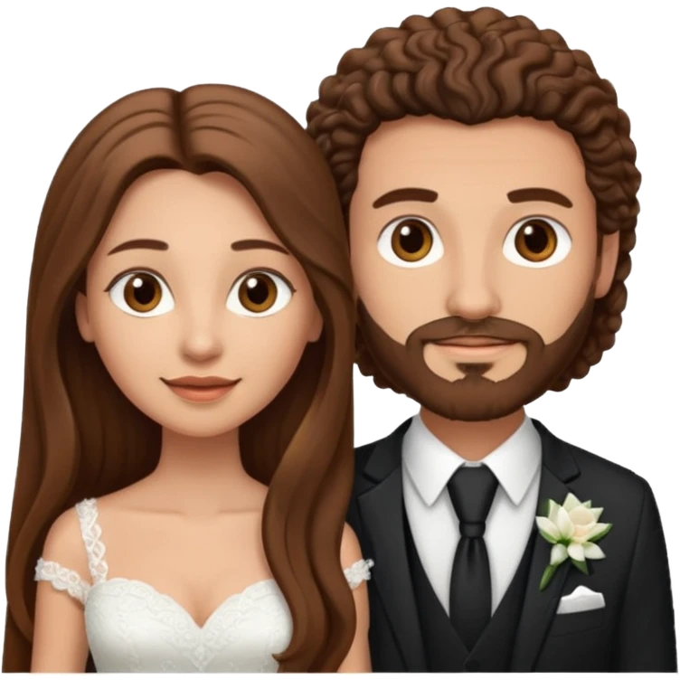 wedding couple woman with long straight brown hair and eyes man with long brown curly hair and facial hair emoji