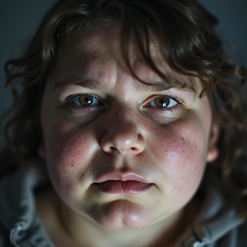 Close-up of obese woman with a lost gaze, tired eyes, furrowed brow, blurred or double exposure effect suggesting mental confusion, hyperrealistic 4K details. emoji